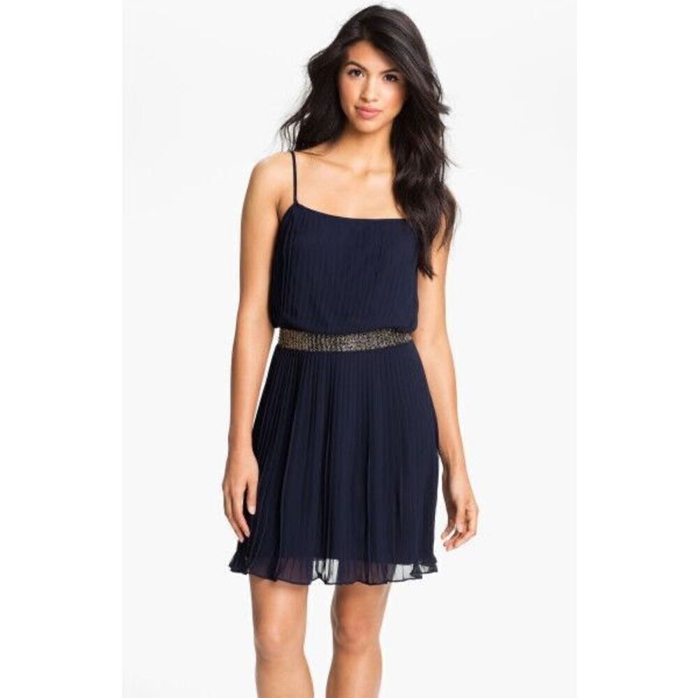 Hpadrianna Papell Navy Chiffon Pleated Beaded Blouson Party Sz 12p Dress